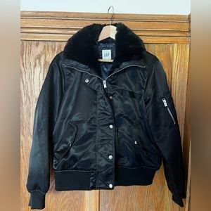 Gap Bomber Jacket Black Faux Fur Collar Medium